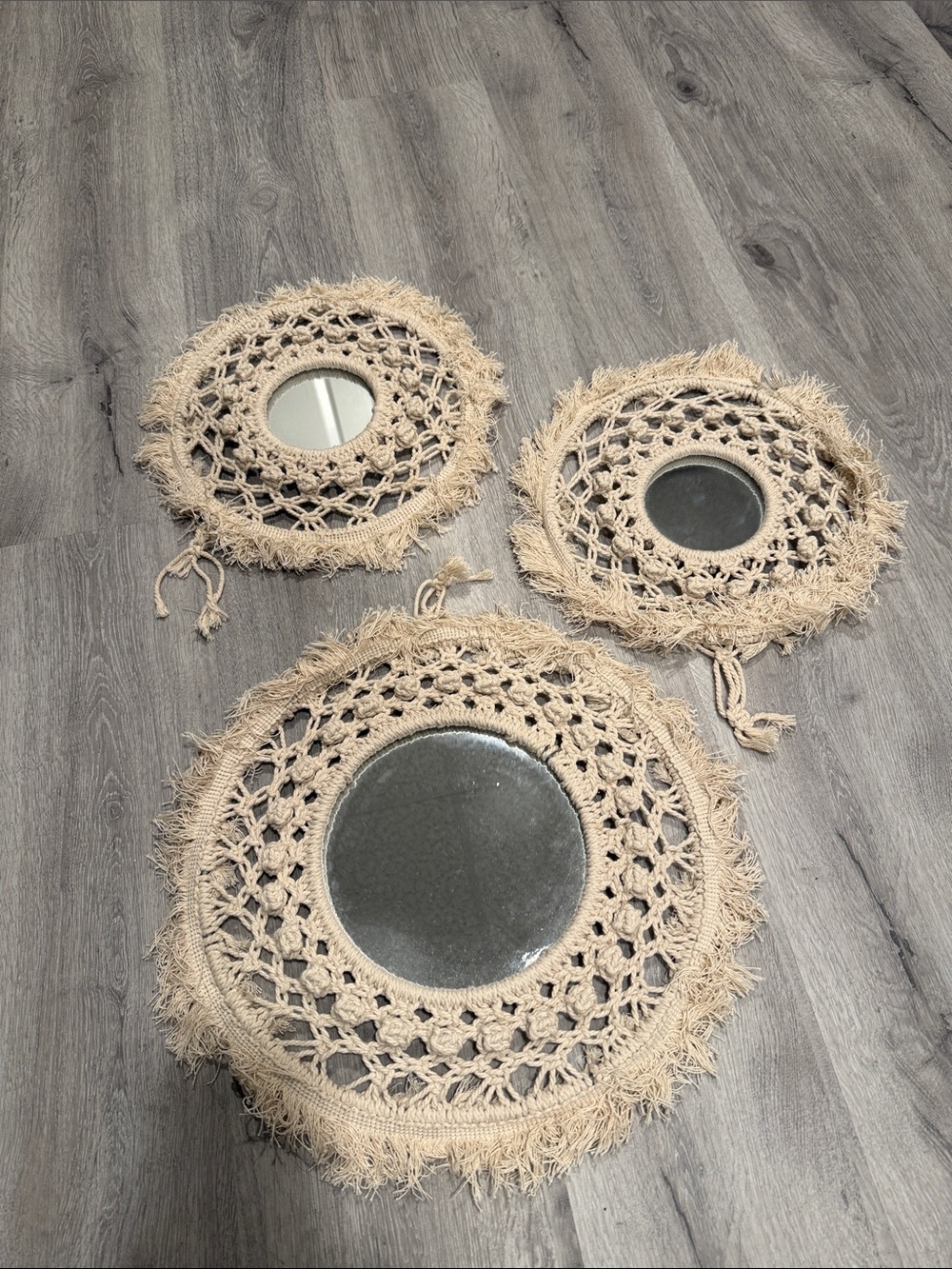 Boho Macrame Round Wall Mirror — Natural Cream (Set of 3)